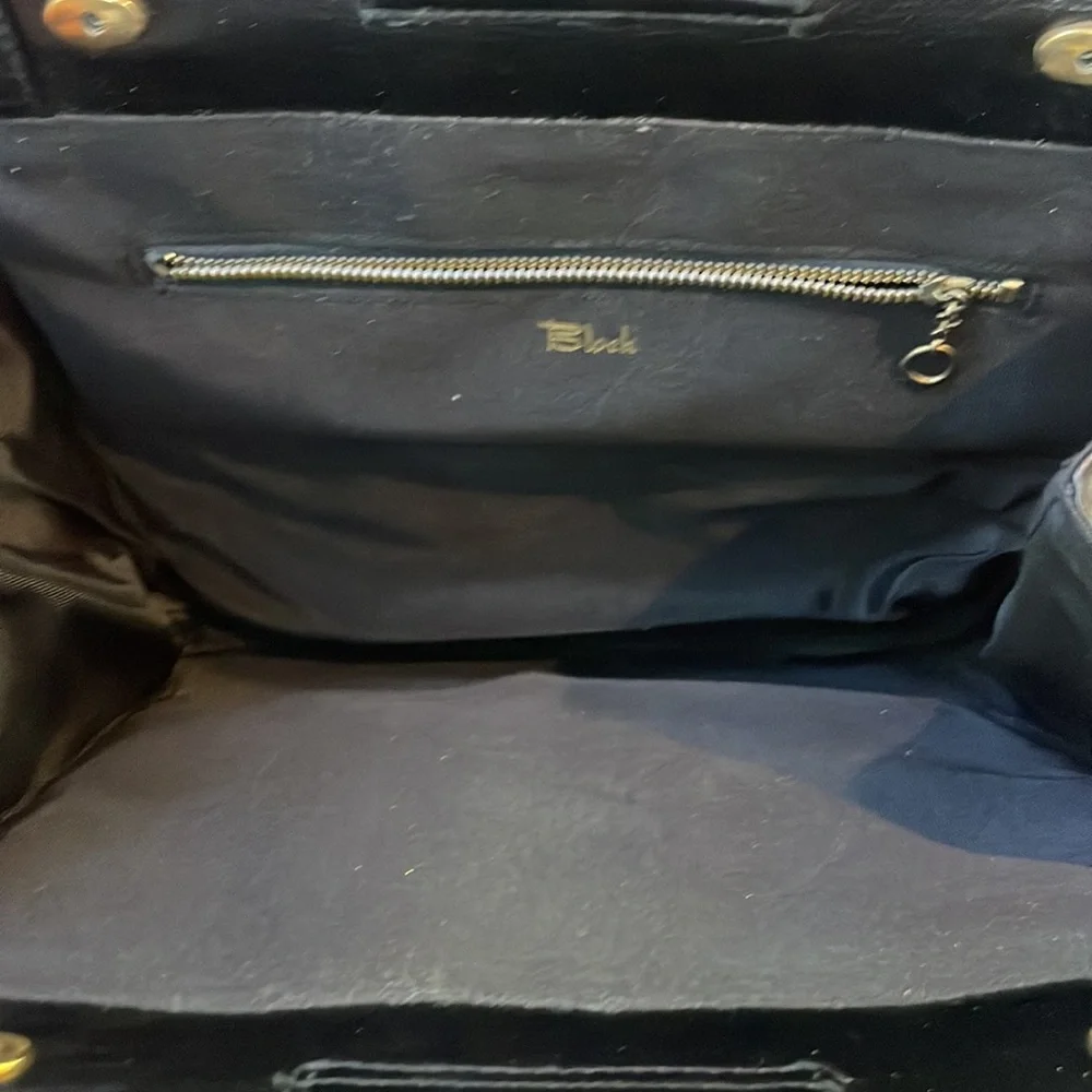 Vintage Block Black Leather Shoulder Bag Purse Structured 50s 60s